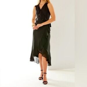 Sara Campbell Size 6 Black Linen Wrap Ruffle Lagenlook Minimalist Midi  Dress